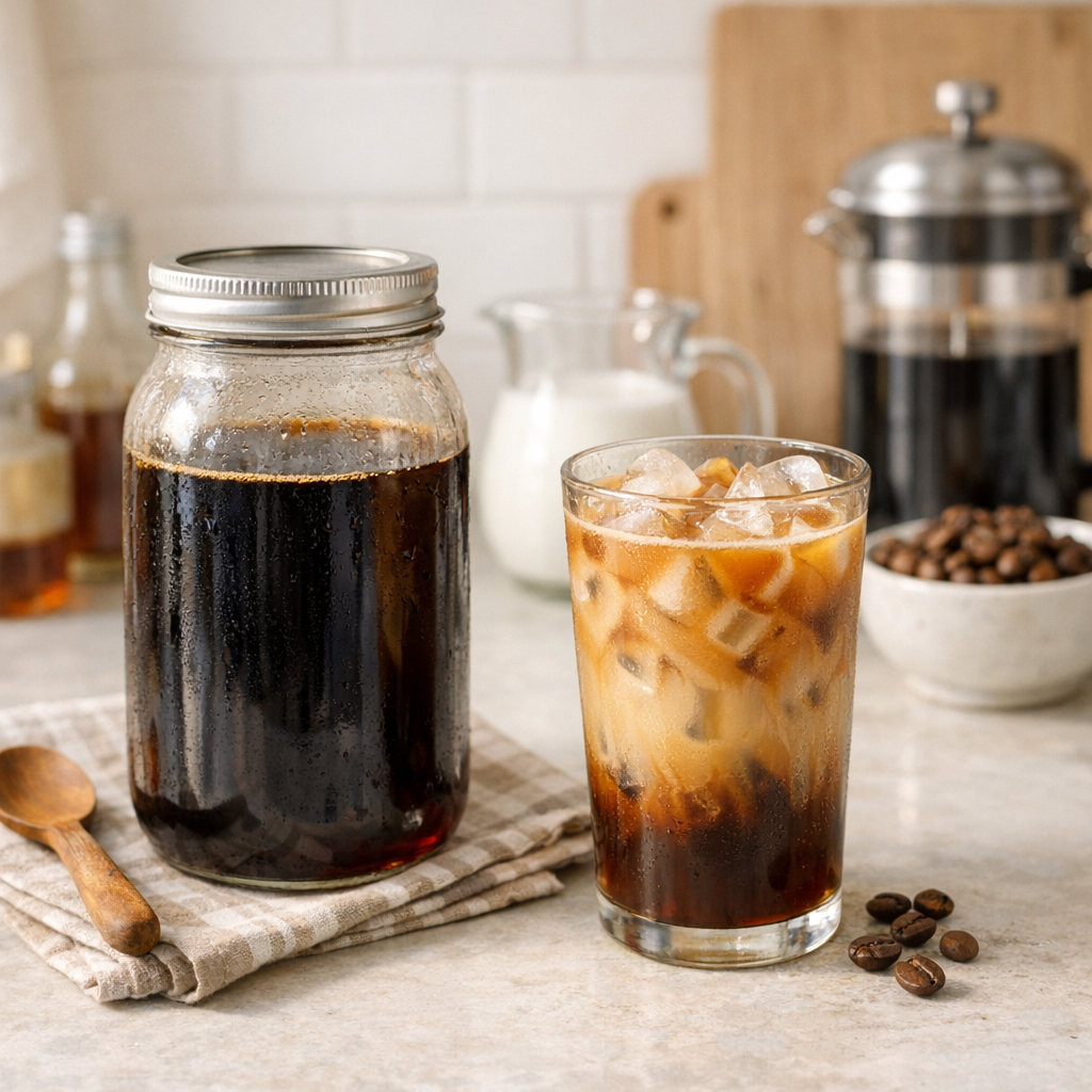 Cold brew concentrate and iced coffee on a kitchen counter