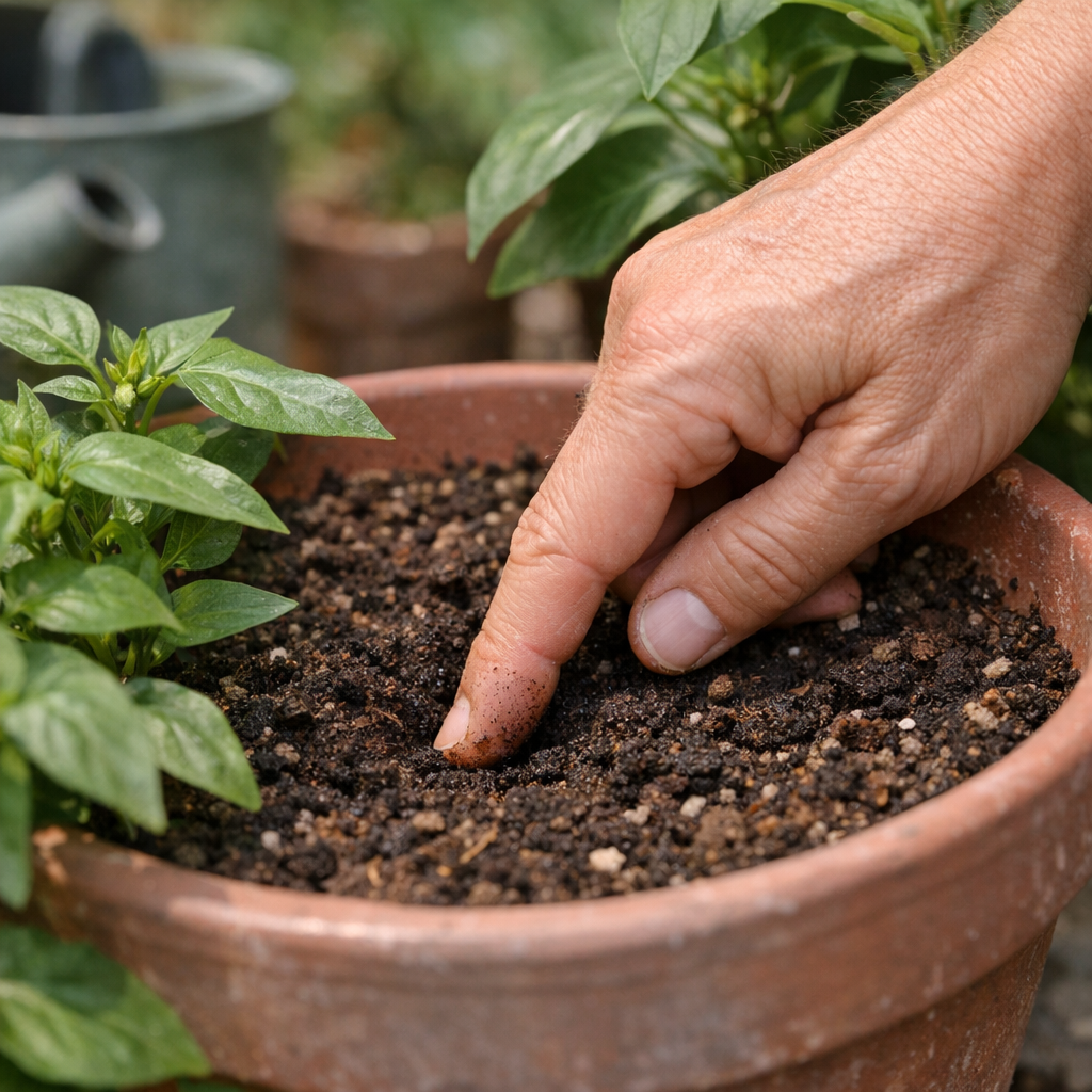 Checking soil moisture in a container plant