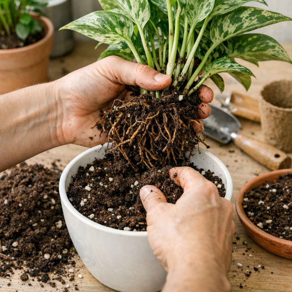 Loosening roots and adding fresh potting mix during repotting