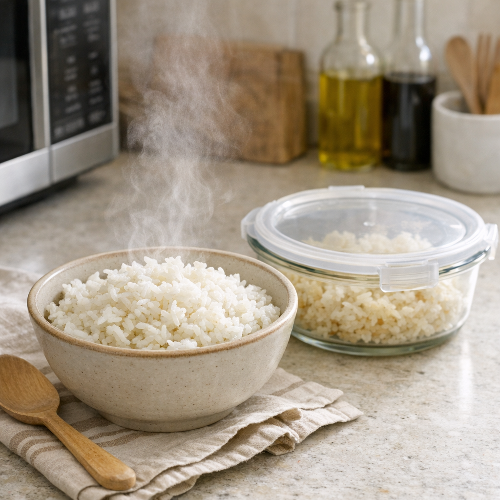A bowl of reheated fluffy rice on a kitchen counter