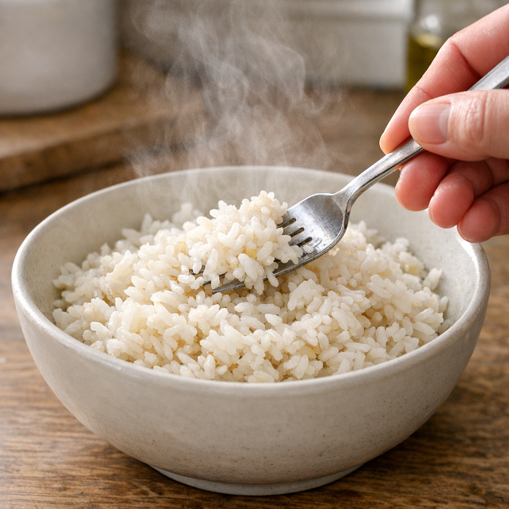 Fluffing reheated rice with a fork