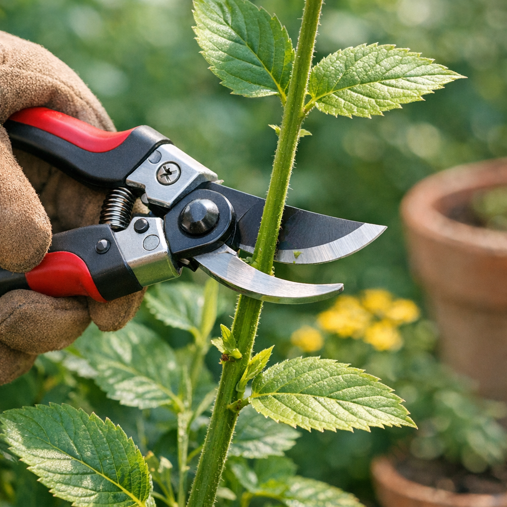 Pruning green stems with clean garden pruners
