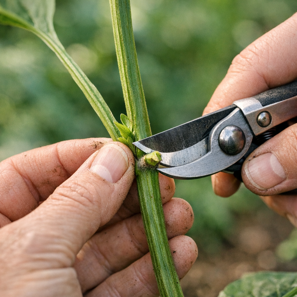 Making a careful pruning cut above a plant node