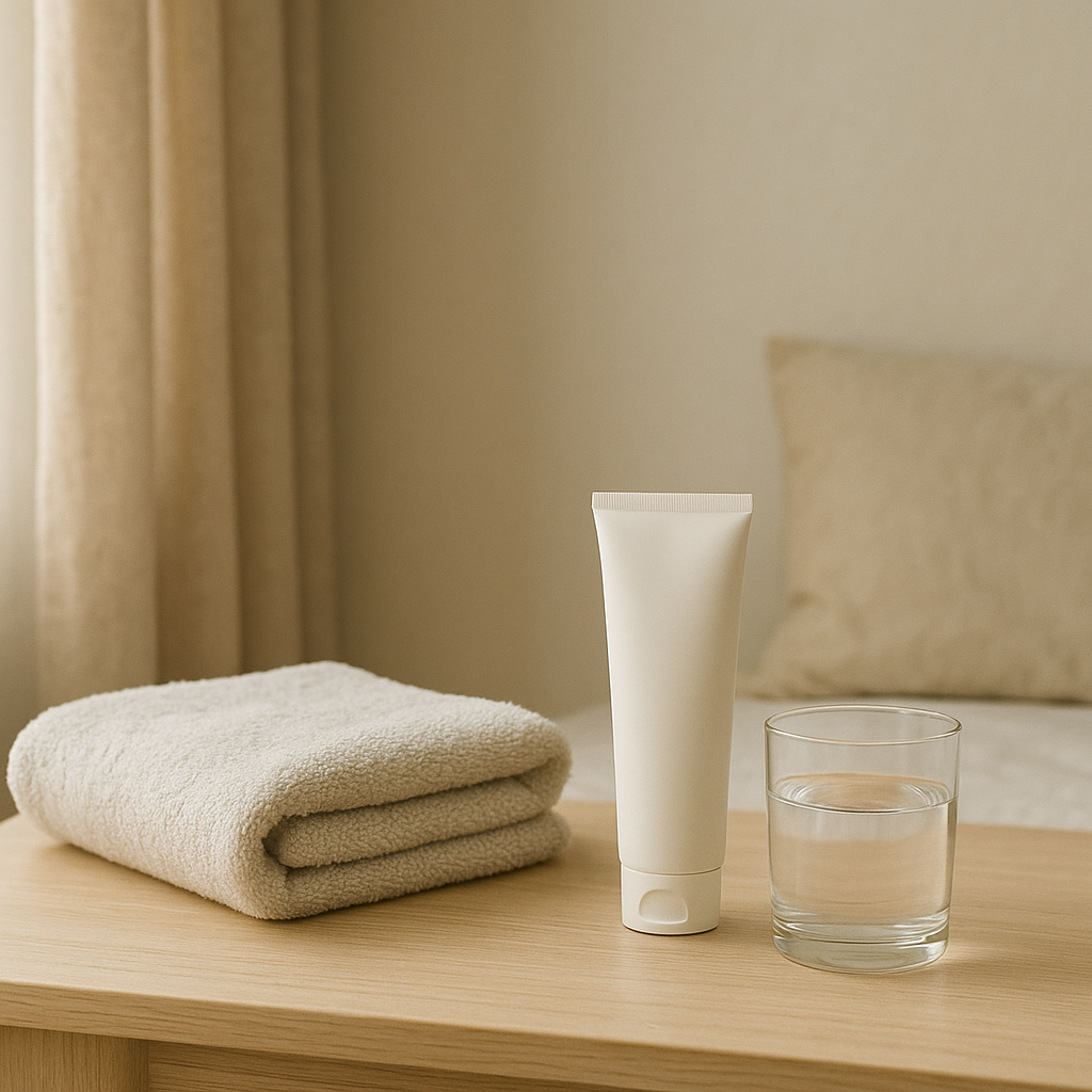 Calm at-home reset routine setup with towel and water