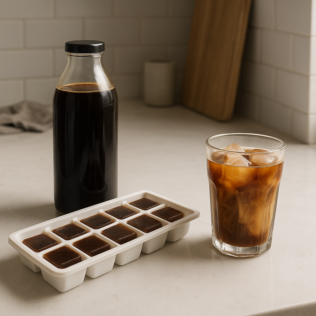 Cold brew concentrate and coffee ice cubes on a kitchen counter