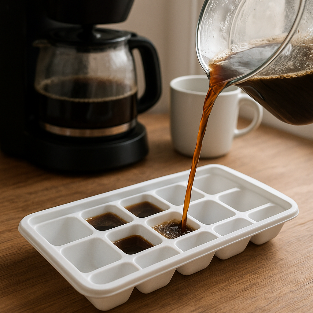 Pouring coffee into ice cube trays for freezing