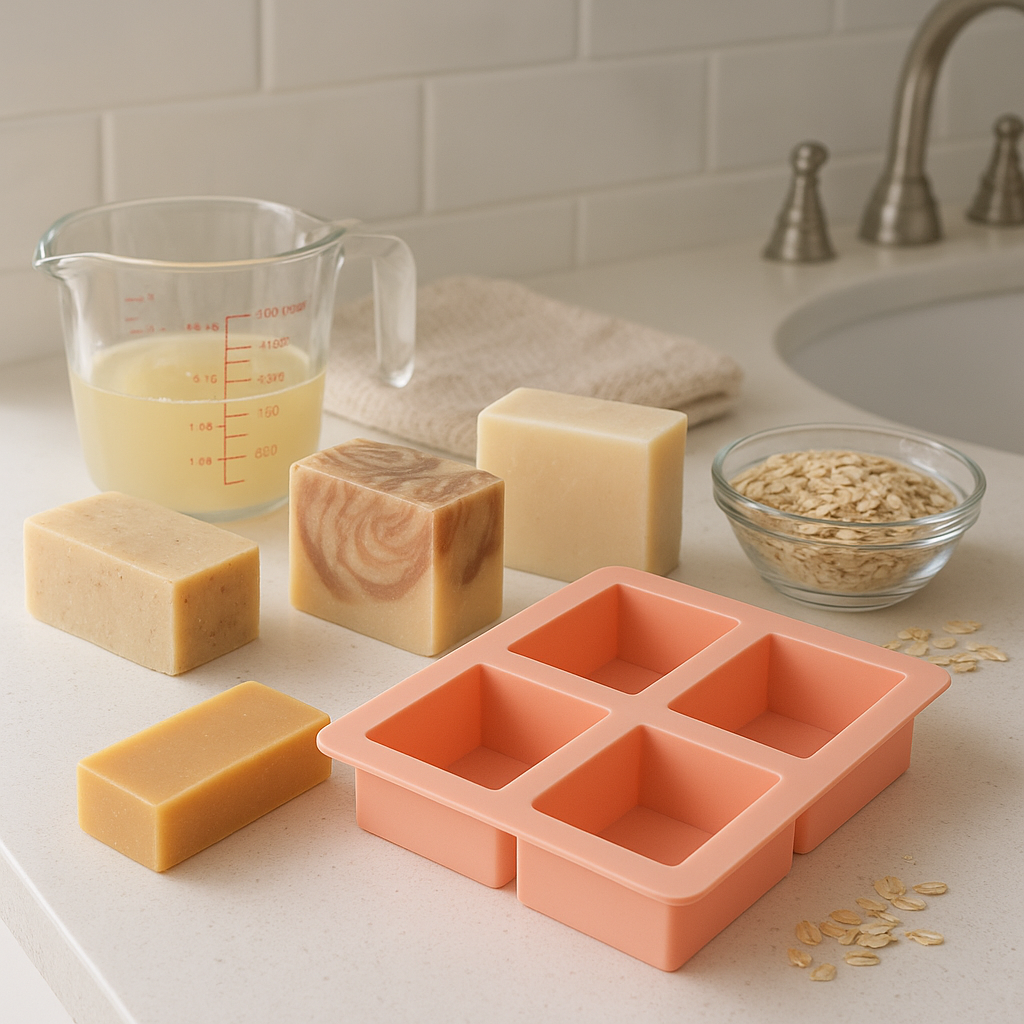 Beginner homemade soap making setup on a bright bathroom counter