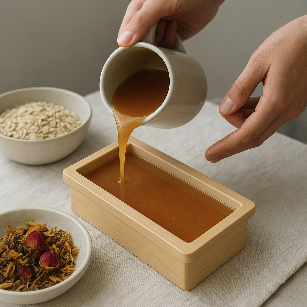 Pouring homemade soap into a mold for a beginner project