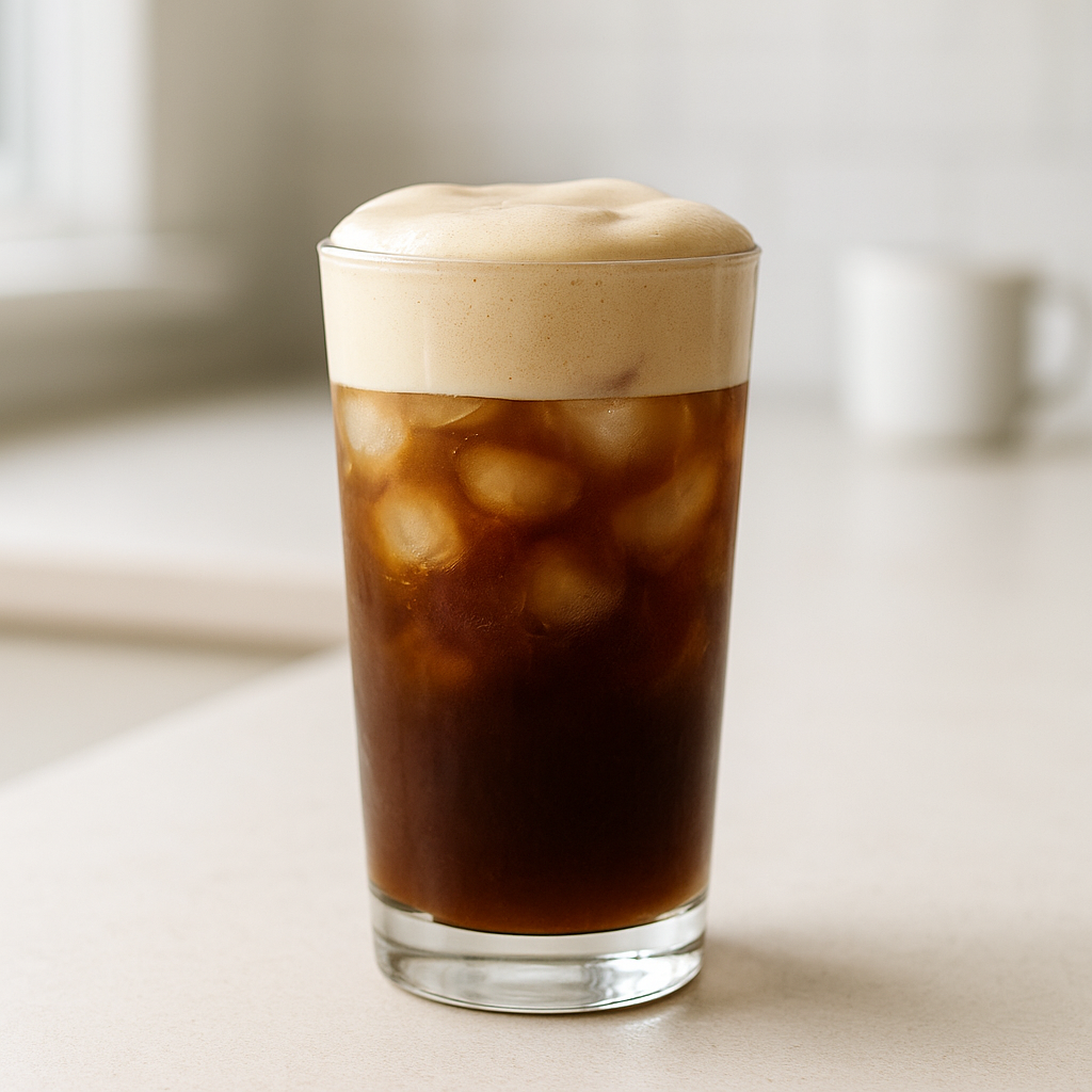 Close-up of iced coffee with a thick layer of homemade cold foam.