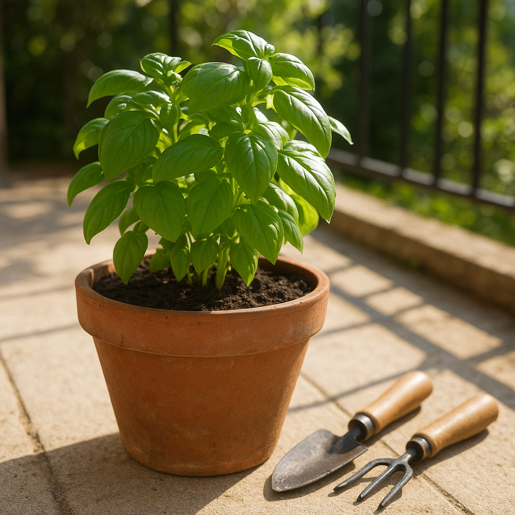 Healthy basil growing in a terracotta pot on a sunny patio
