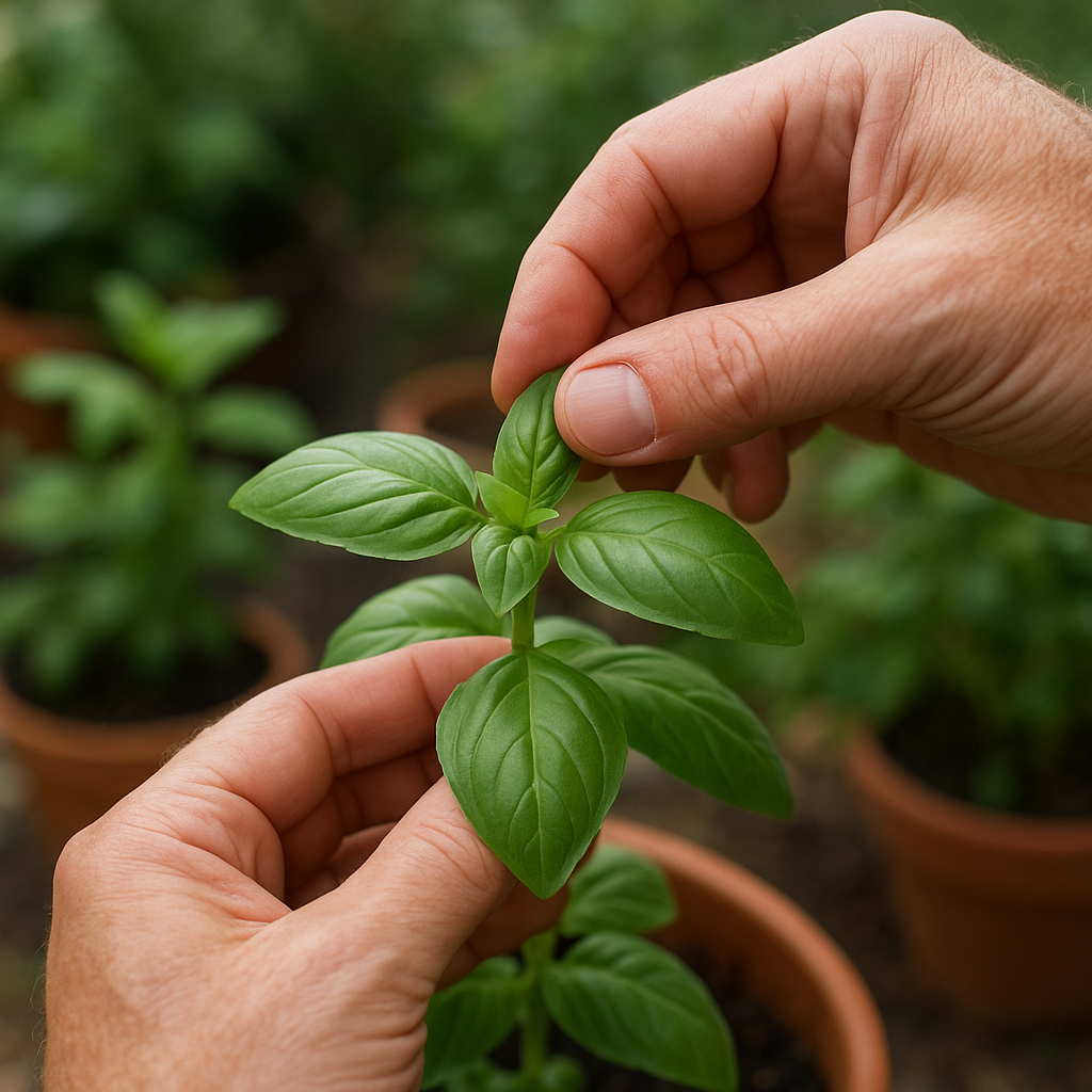 Pinching basil above a leaf node to encourage bushier growth