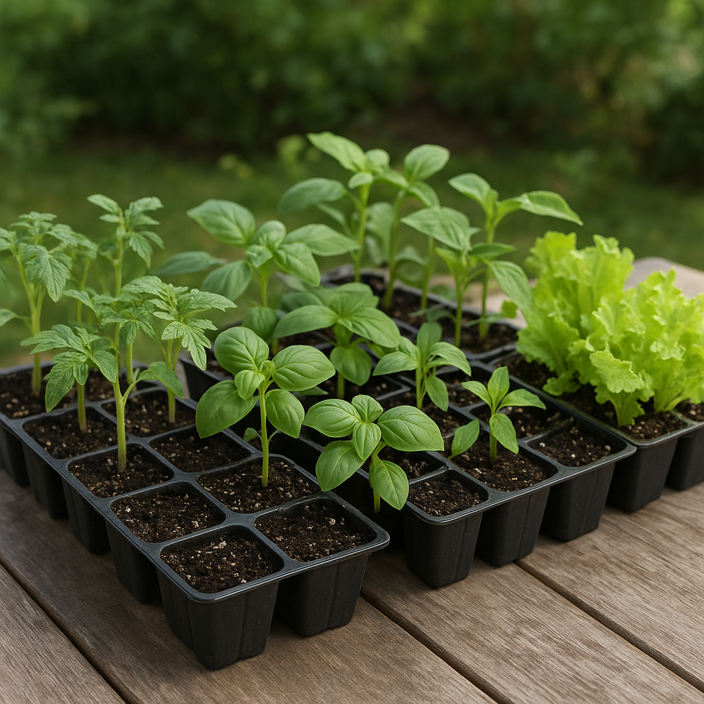 Seedling trays outdoors in bright shade during hardening off