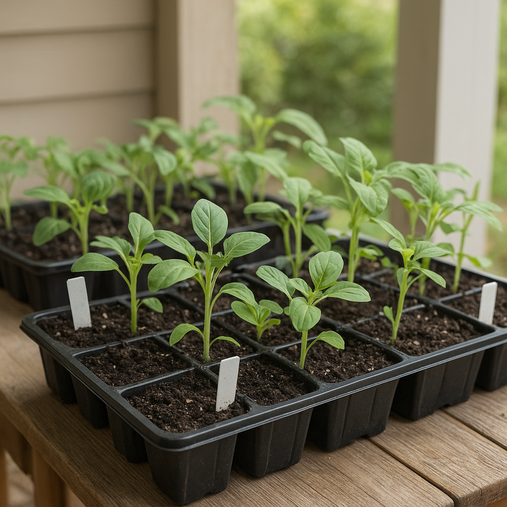 Garden seedlings hardening off outside on a sheltered table