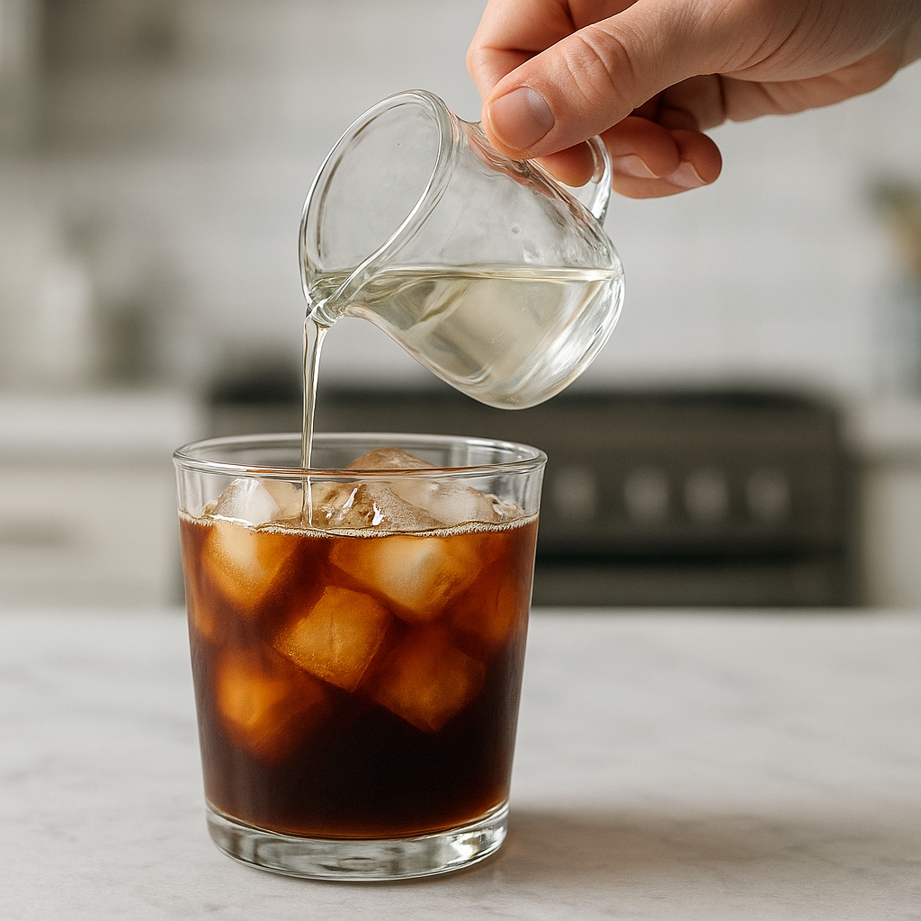 Simple syrup being poured into a glass of iced coffee