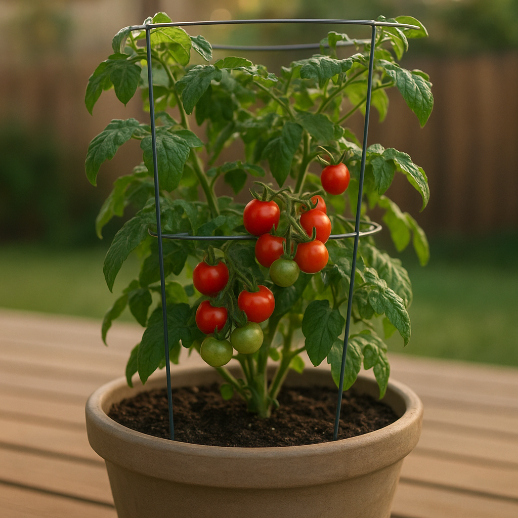Cherry tomato plant growing in a large pot on a sunny patio