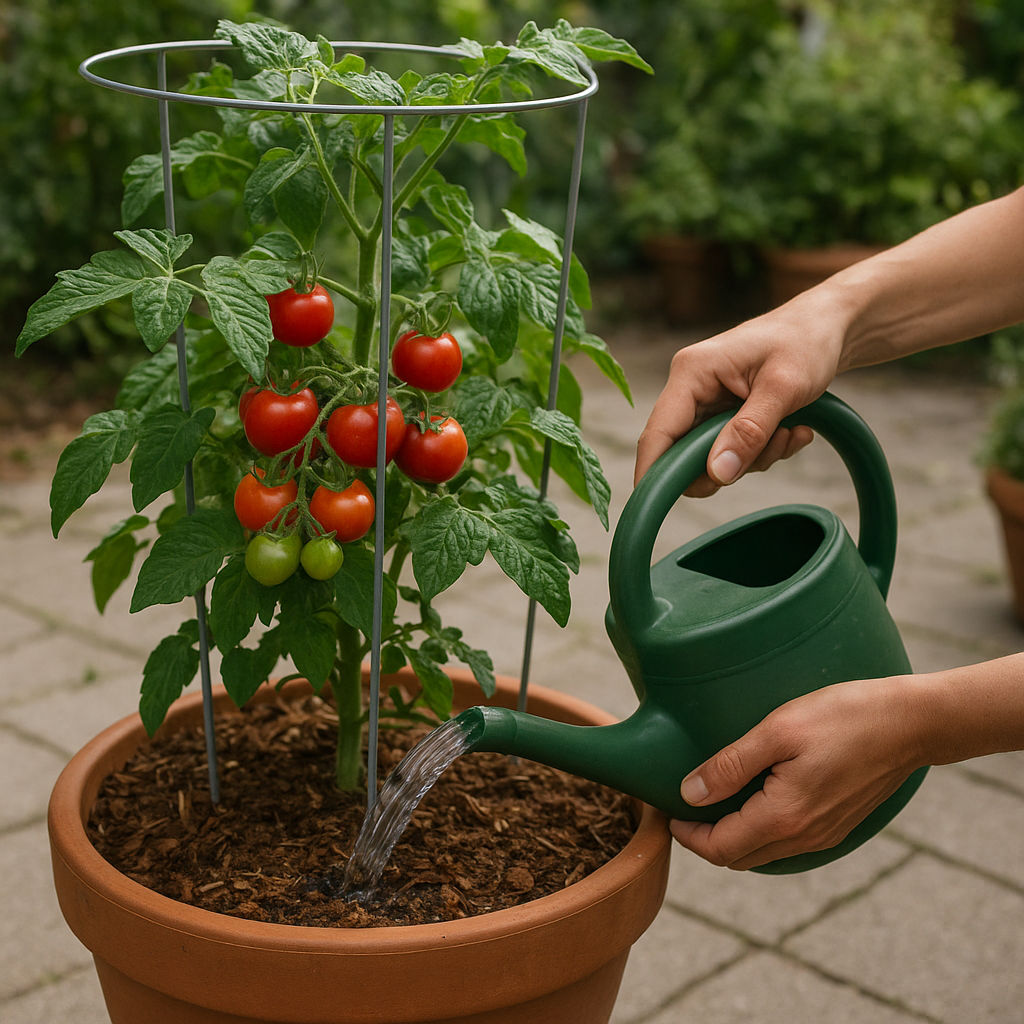 Hands watering a cherry tomato plant in a pot
