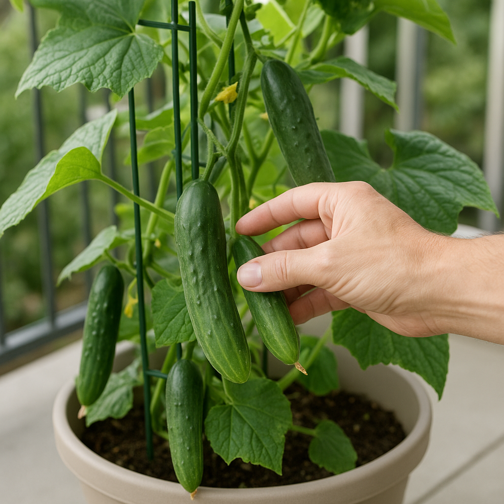 Hand harvesting cucumbers from a trellised patio container plant