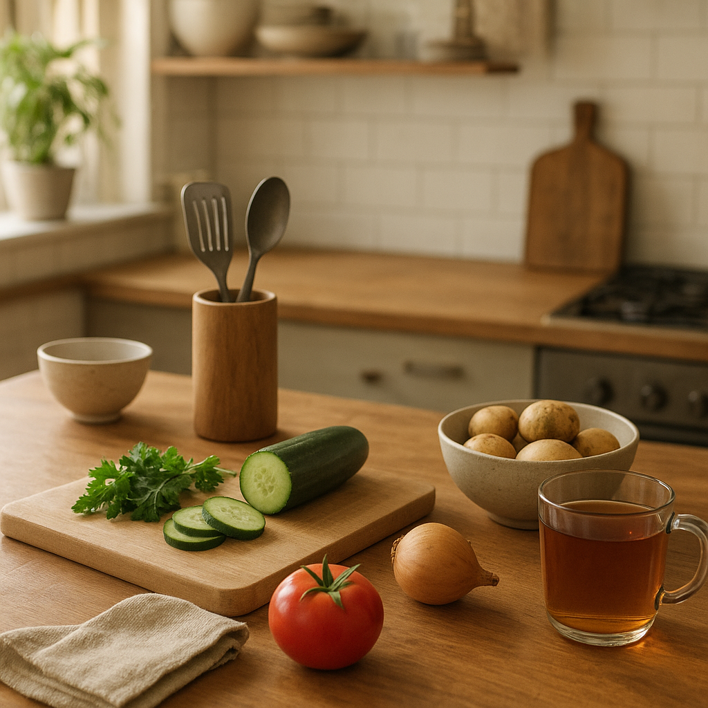 Warm editorial kitchen scene with coffee, fresh ingredients, and practical cooking tools