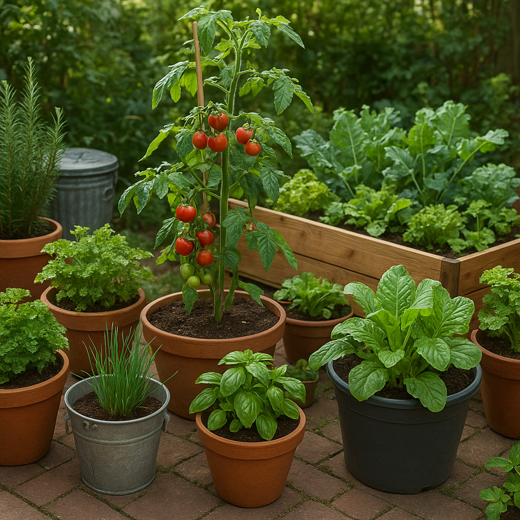 Productive small-space garden with containers, herbs, and vegetables in natural light