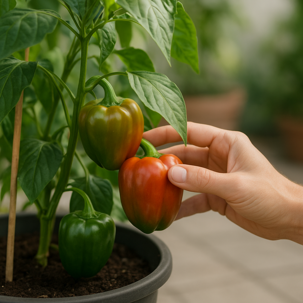 Hand checking ripening peppers on a container-grown pepper plant