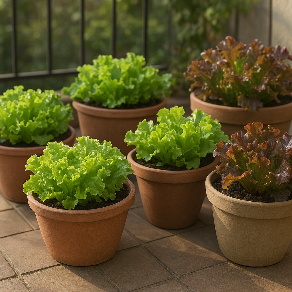Fresh lettuce growing in patio containers in soft morning light