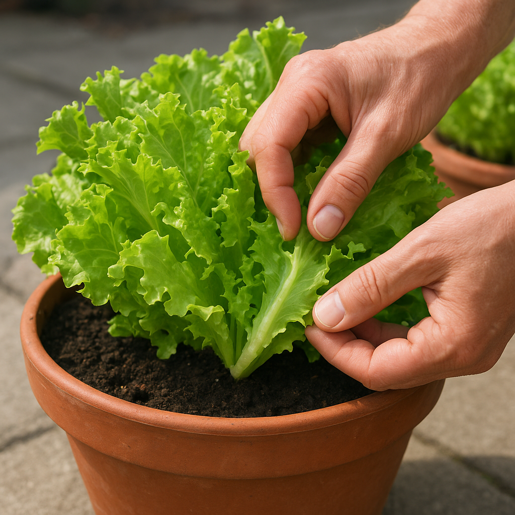 Hands harvesting loose-leaf lettuce from a wide patio planter