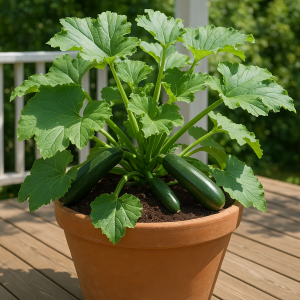 Container-grown zucchini plant in a large pot on a sunny patio