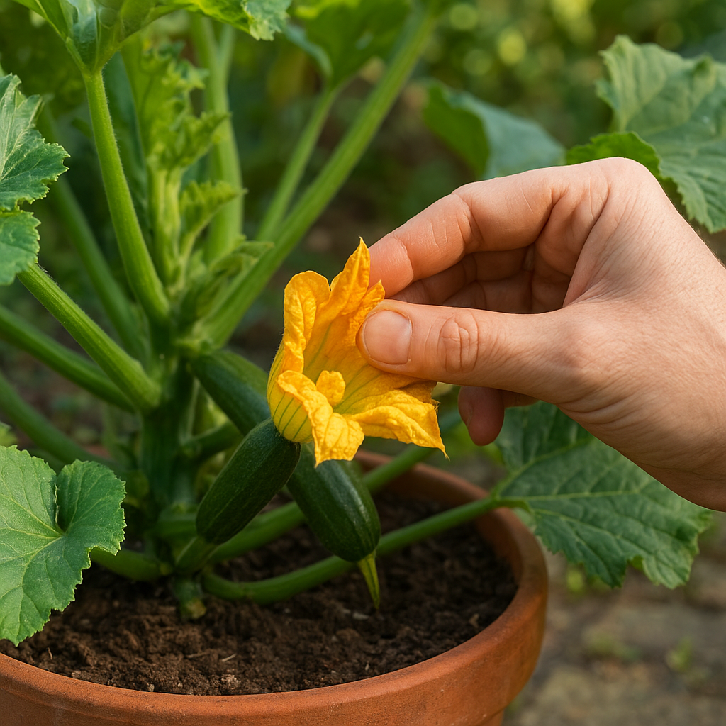 Hand pollinating a female zucchini flower on a patio plant