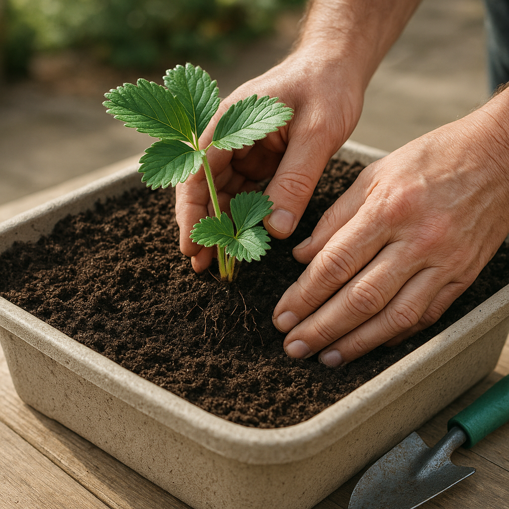 Planting a strawberry crown at the correct depth in a container