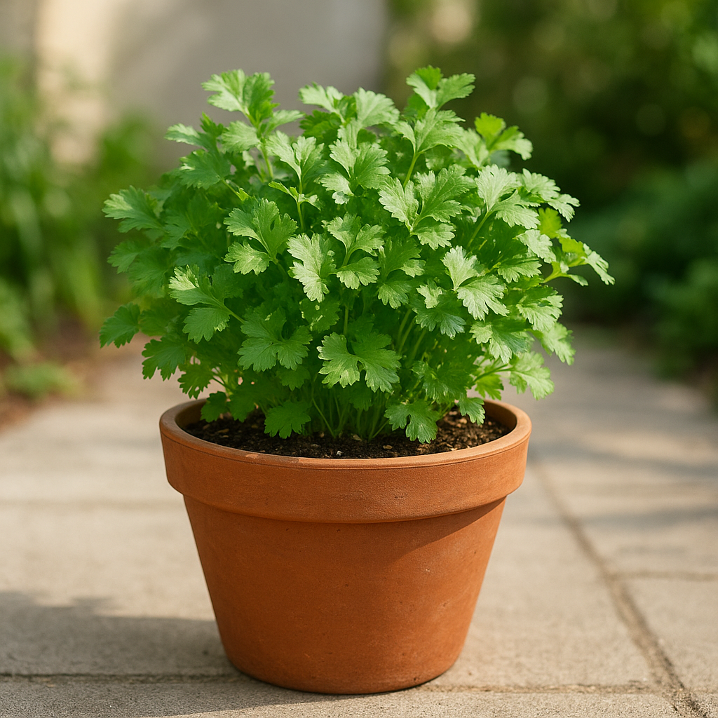 Healthy cilantro growing in a terracotta pot on a sunny patio