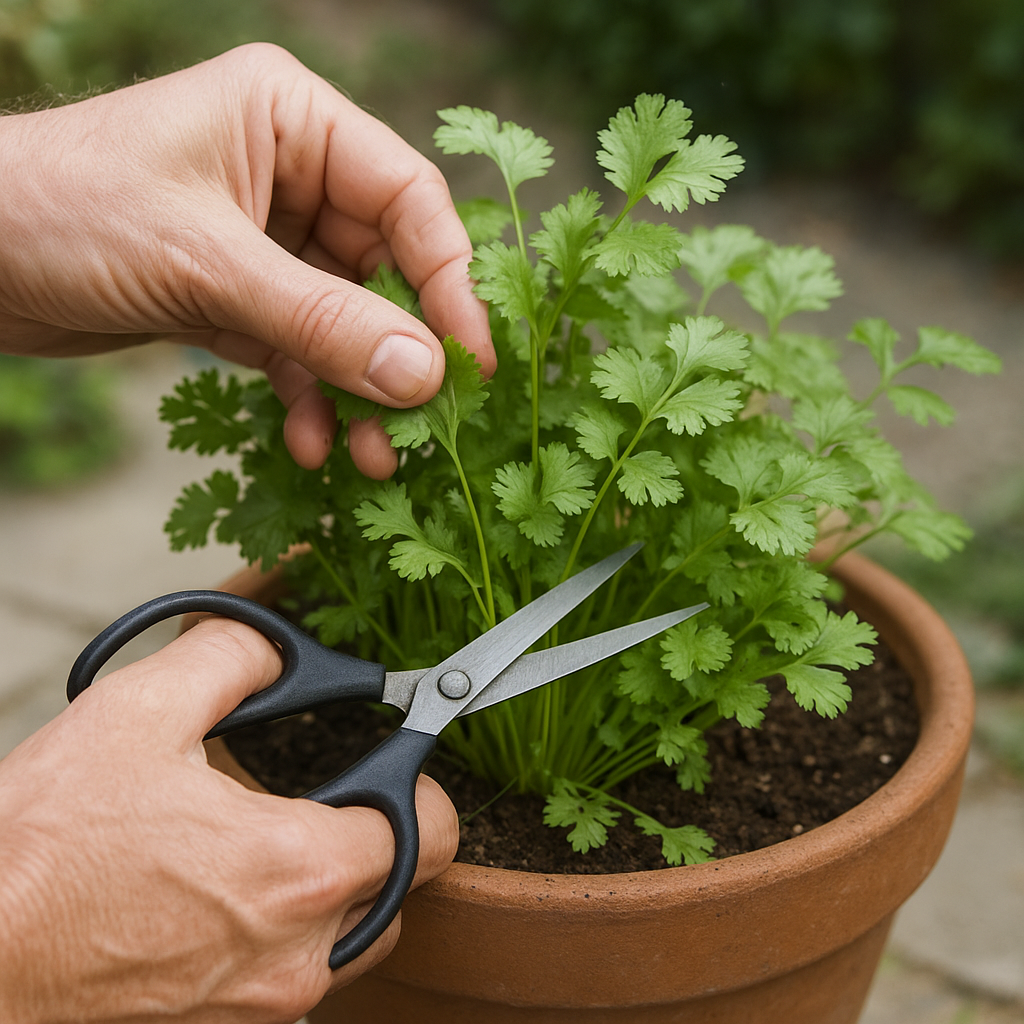 Harvesting outer cilantro stems from a potted plant