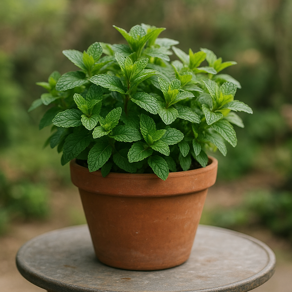 Healthy mint growing in a medium terracotta pot on a patio table