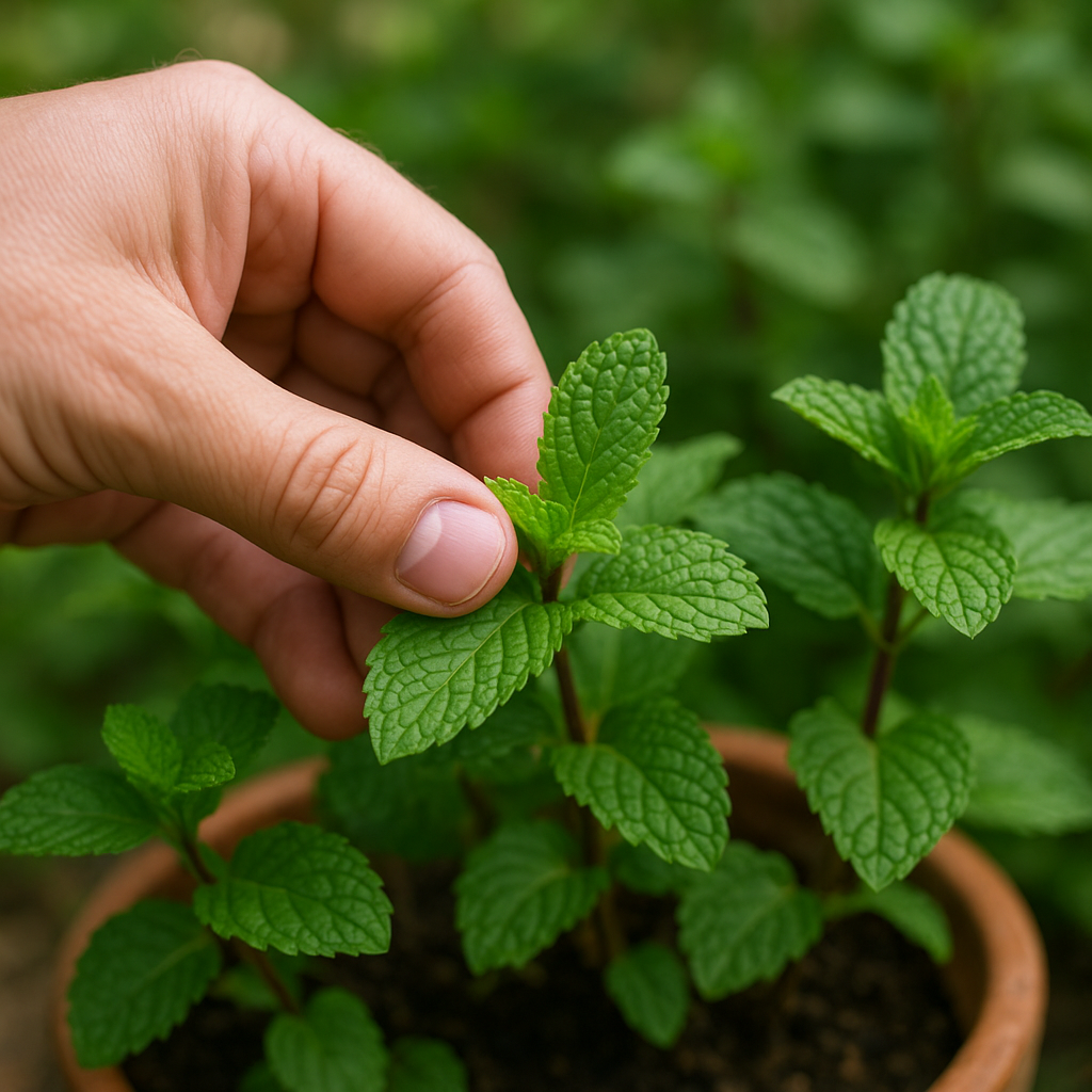 Hand harvesting mint by pinching stems above a leaf node
