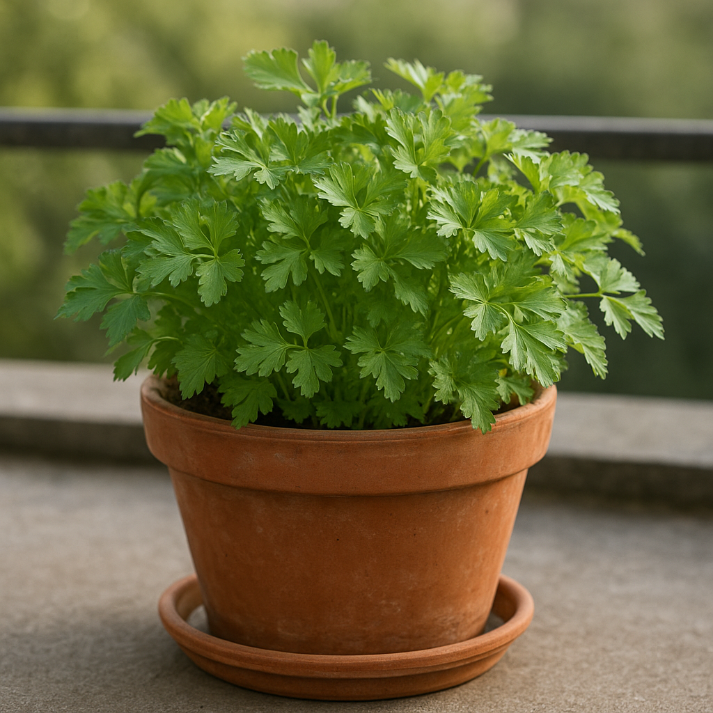 Healthy flat-leaf parsley growing in a terracotta pot on a sunny patio
