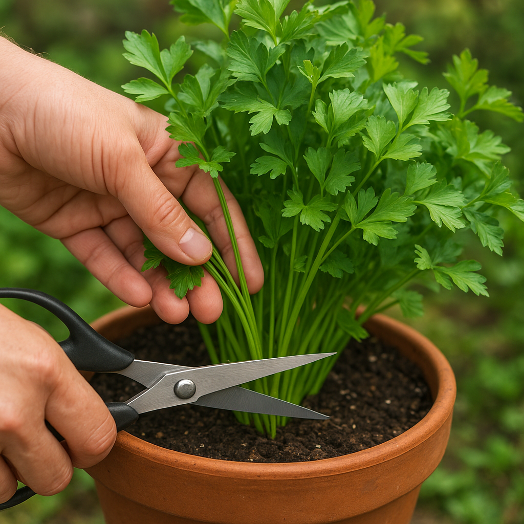 Hand harvesting outer parsley stems from the base of a potted plant