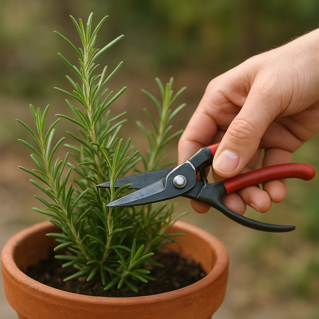 Hand pruning soft green rosemary tips on a potted plant with small garden snips