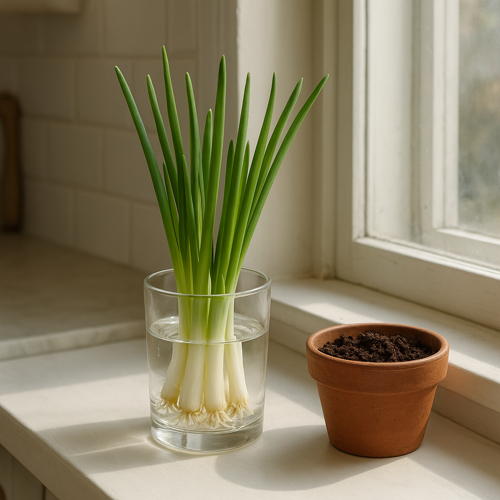 Green onion root ends regrowing in shallow water on a bright kitchen windowsill