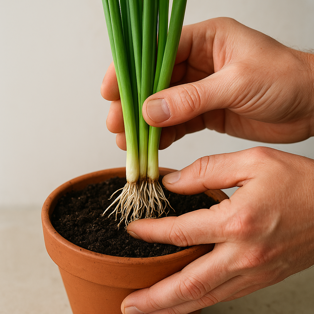 Green onion root ends planted into potting mix in a small container