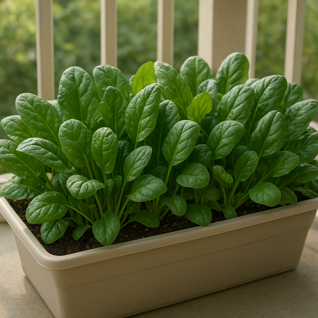 Healthy spinach growing in a wide patio planter