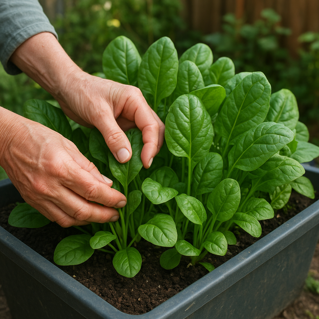 Hands harvesting outer spinach leaves from a container planter