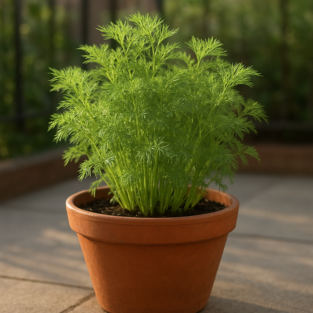 Healthy dill growing in a deep patio pot