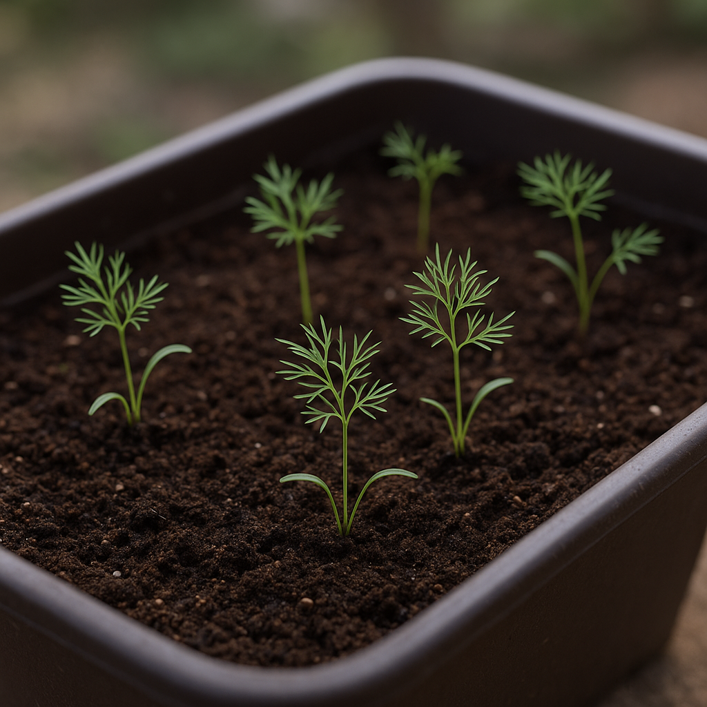 Young dill seedlings thinned in a deep container