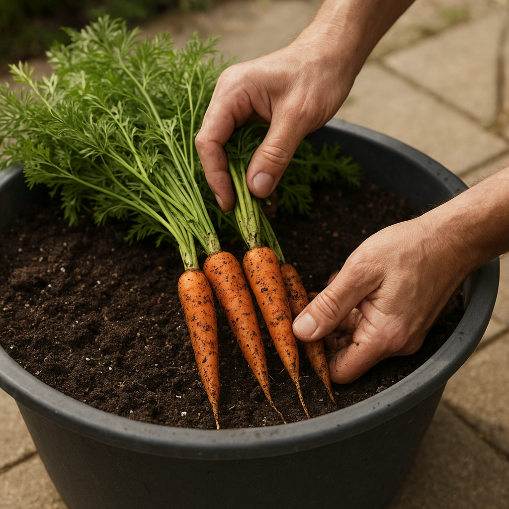 Hands harvesting carrots from a deep container planter