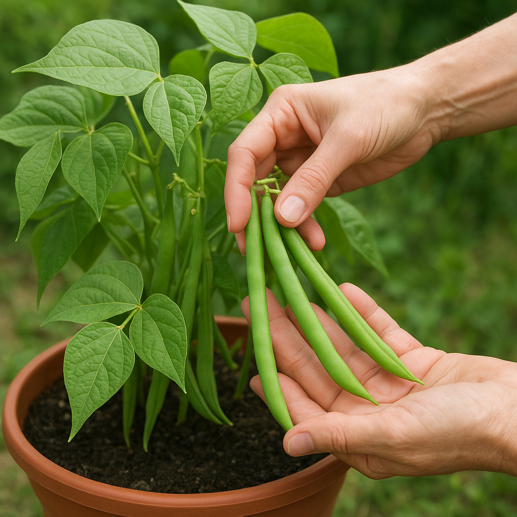 Hands harvesting tender green beans from a container plant