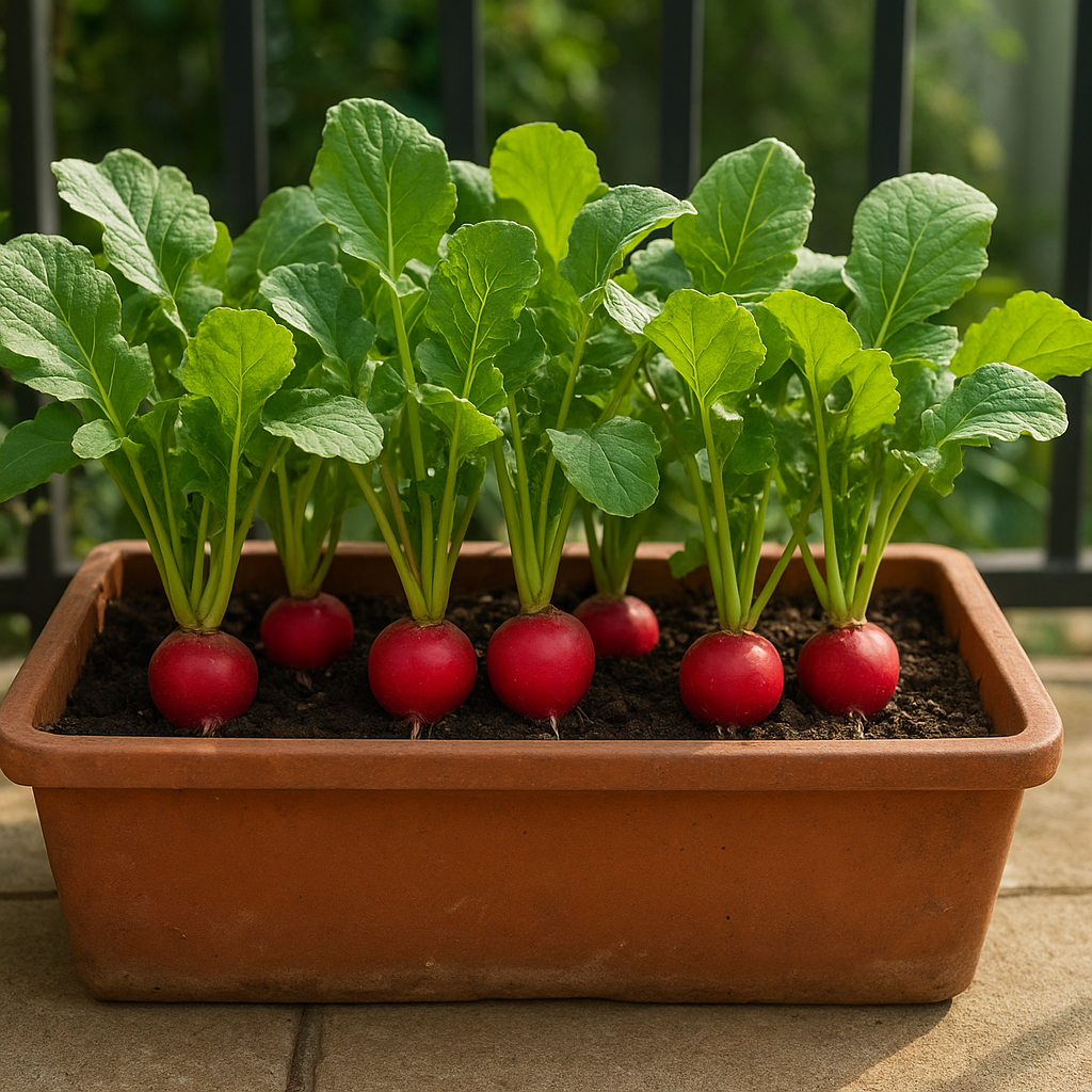 Fresh red radishes growing in a patio container