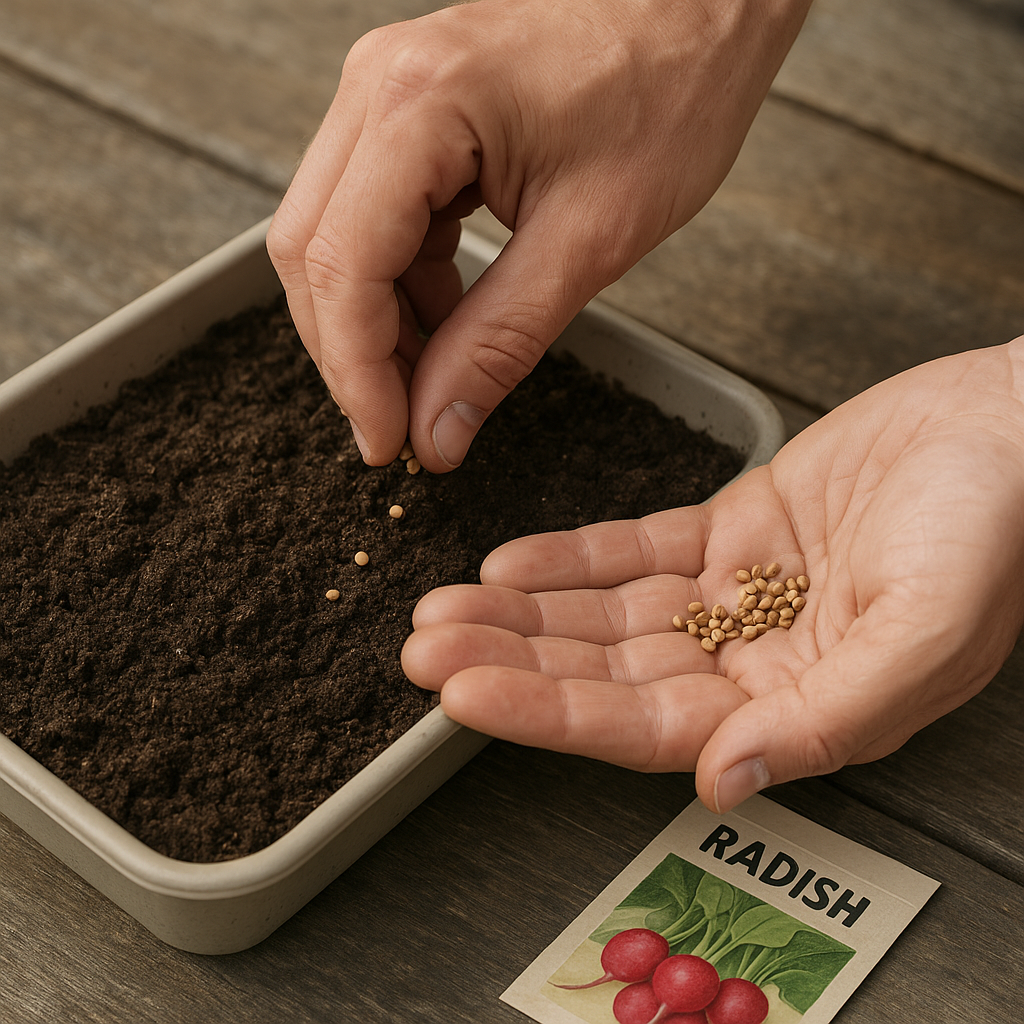 Sowing radish seeds into loose potting mix in a shallow container