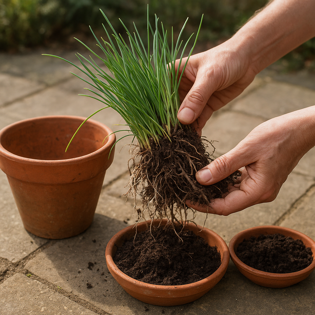 Hands dividing a crowded chive clump beside a terracotta pot
