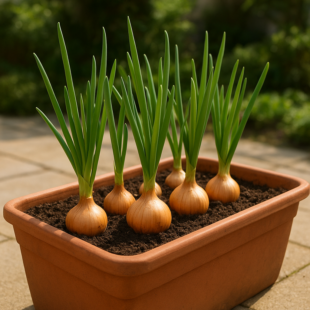 Healthy bulb onions growing in a wide terracotta container on a sunny patio