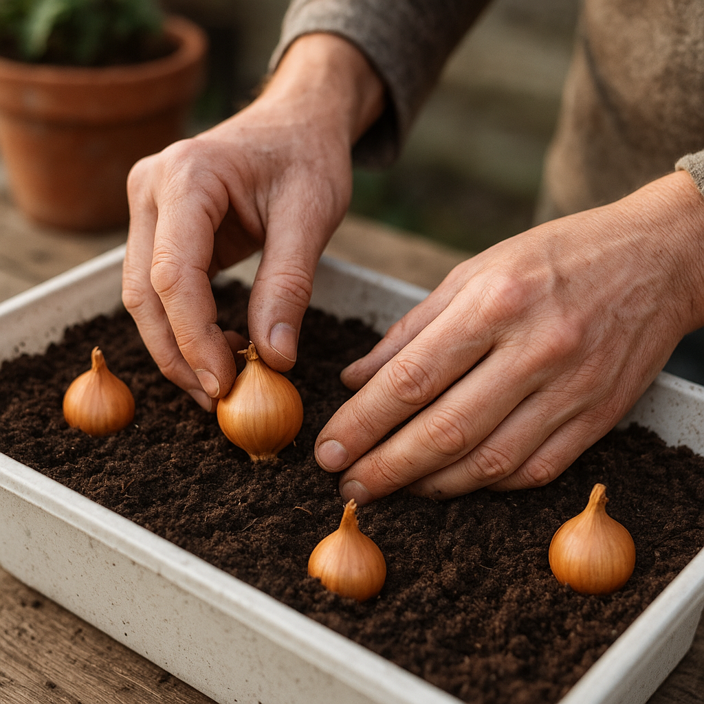 Hands planting onion sets into a container with clear spacing
