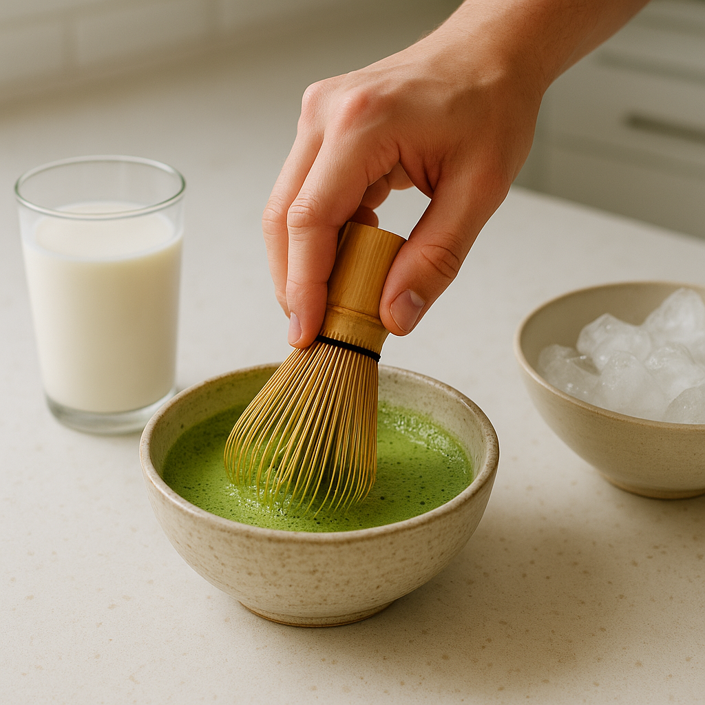 A small bowl of matcha being whisked beside a glass of milk and ice